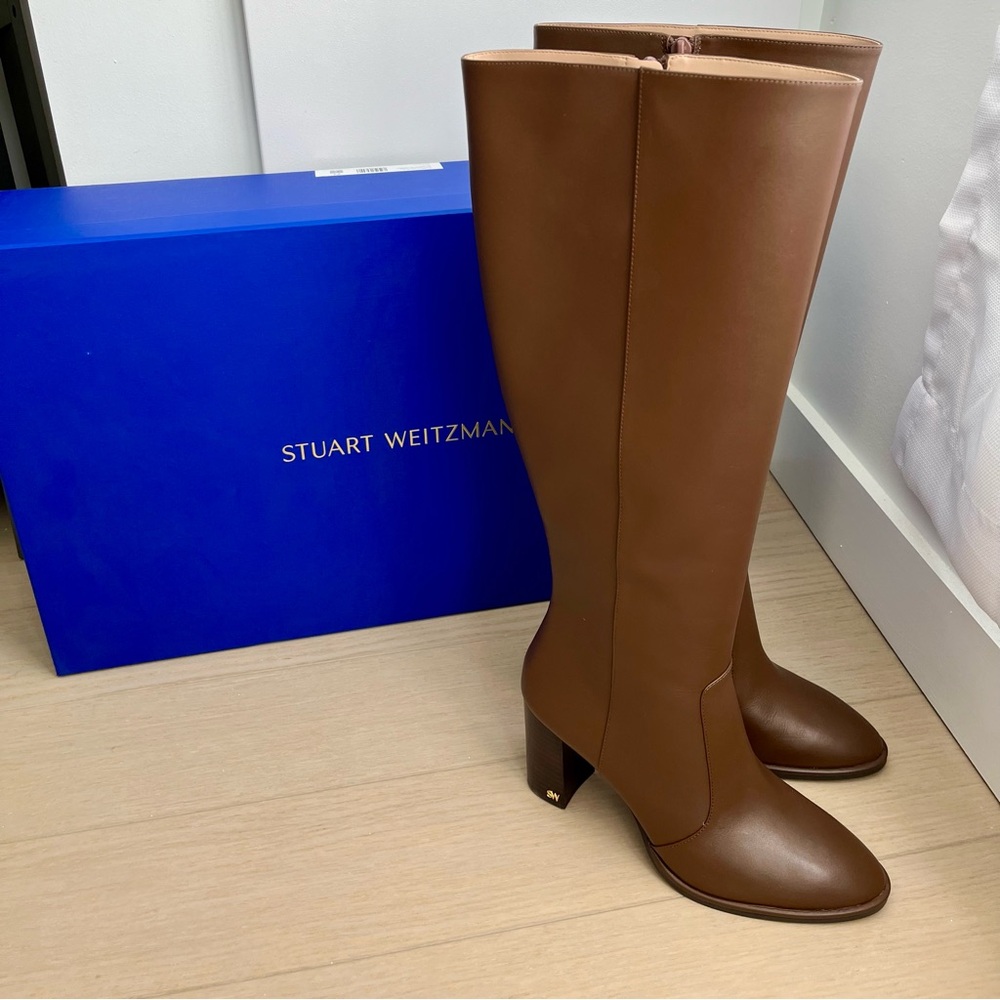 NEW IN BOX Stuart Weitzman Brown Leather Knee High Heeled Boots | 8